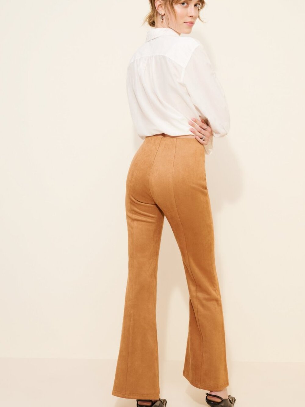 en elly Vegan Suede Flare Wide-Leg Pants Brown Size S